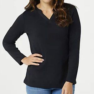 Denim & Co. Split V-Neck Long Sleeve Top 7460